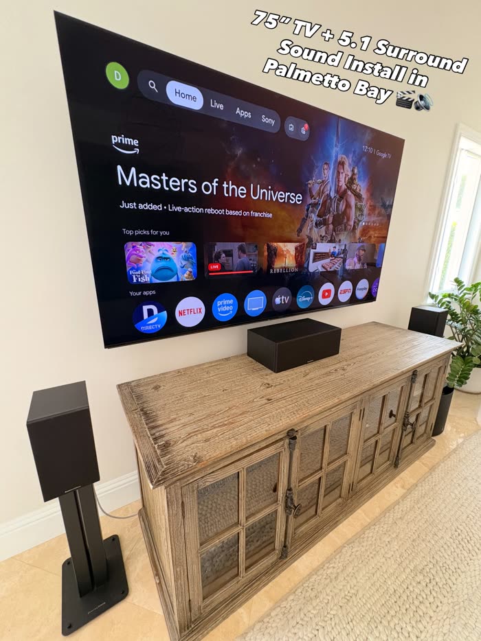 Finished install, 75-inch TV with 5.1 surround in Palmetto Bay