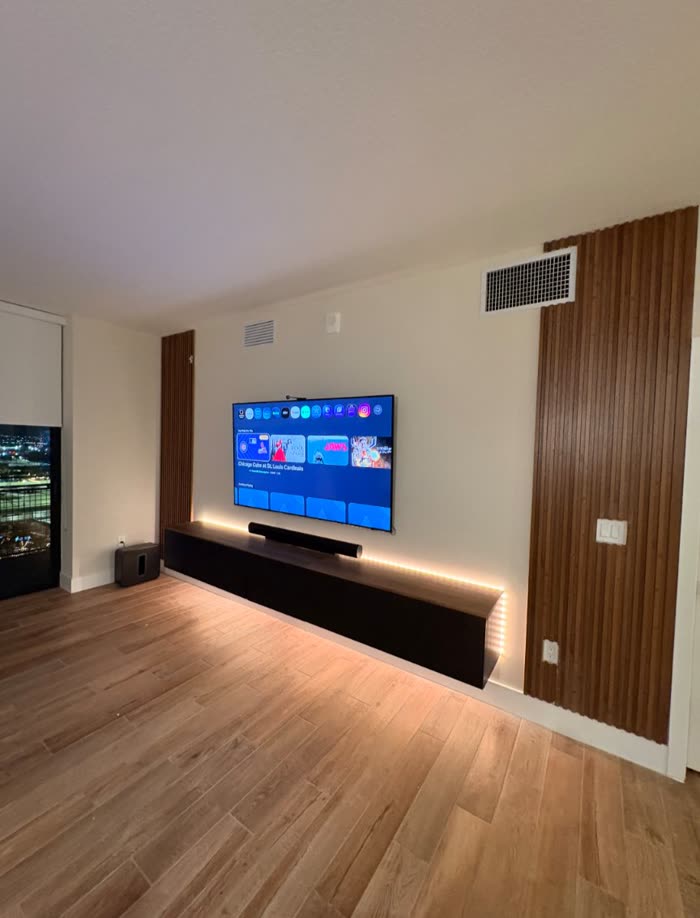 Finished install, TV with floating console and LED lighting